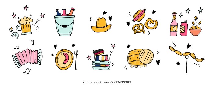 Oktoberfest beers doodle icon set. Germany vector illustration collection. Banner hand drawn line art style. Set of beer festival. St. Patrick's Day. Naive childish art.