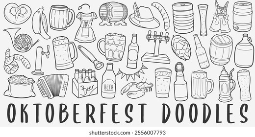 Oktoberfest Beers doodle icon set. Germany Vector illustration collection. Banner Hand drawn Line art style.