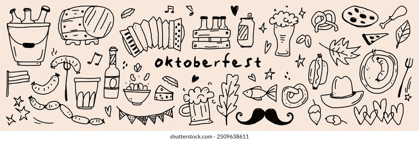 Oktoberfest. Grande festival de cerveja. O vetor do Dia de São Patrício faz doodles. Arte infantil ingênua. Alemanha rabisca ícones. Estilo de arte da linha desenhada à mão do banner.