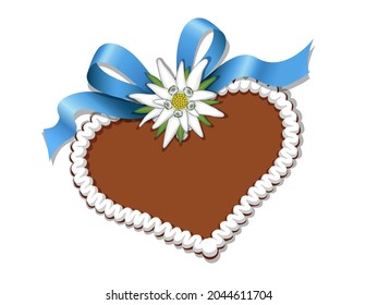 Oktoberfest blank gingerbread heart with ribbon bow and edelweiss,
Vector illustration isolated on white background
