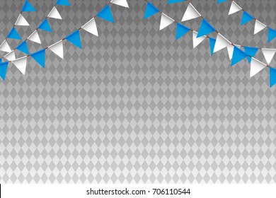 Oktoberfest - blue and white bunting flags on traditional background. Vector.