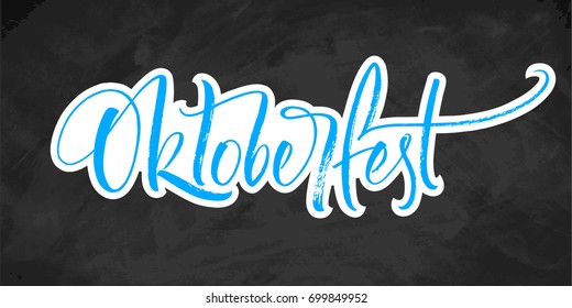 Oktoberfest blue and white lettering on chalkboard. Handwritten modern calligraphy, brush painted letters. Vector illustration. Template for banners, posters, merchandising, cards or photo overlays.