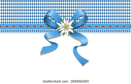 Oktoberfest border with ribbon bow, edelweiss, blue-white rhombus and gingerbread hearts,
Vector illustration isolated on white background
