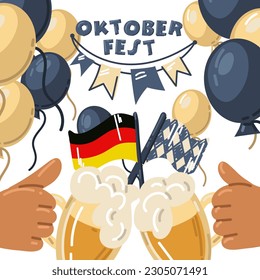 Oktoberfest is a Bovary beer festival . The name with a banner banner, balloons and beer mugs in his hands. Printing on textiles and paper, banner option, invitations. Beer Festival invites