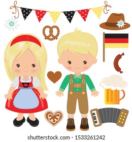 Oktoberfest boy and girl vector cartoon illustration