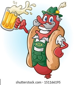 Oktoberfest Bratwurst Hotdog Cartoon Character Drinking Beer