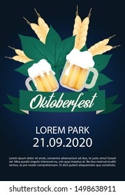 Oktoberfest brochure template. Barley and cups of alcohol. Beer Festival. Flyer, booklet, leaflet concept with flat illustrations. Vector page layout for magazine. Advertising invitation, text space