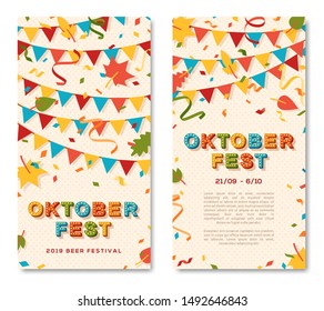 Oktoberfest brochure vector template. Autumn season event, traditional german funfair invitation, flyer layout. Annual beer fair. Festive garland and confetti flat illustration with text space