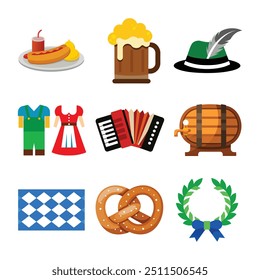 Oktoberfest Bundle, Bierstein, Brezel, Bayerischer Hut, Wurst, Dirndl ,Lederhosen, Fahne, Barrel, Akkordeon Vektor Clipart Collection