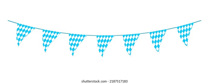 Oktoberfest bunting in traditional Bavarian colors. Garland with flags waving in the wind on German beer festival with blue and white rhombus pattern. Decoration for party, card, poster, banner