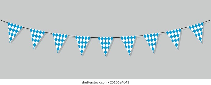 Oktoberfest bunting em cores tradicionais bávaras, decoração festival de cerveja alemã, banner vetorial