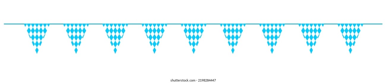 Bandera del Oktoberfest con banderas triangulares en colores bávaros. Garland para la fiesta tradicional del festival de la cerveza alemana con un patrón de rhombus azul y blanco para banner, tarjeta, afiche. Ilustración plana del vector