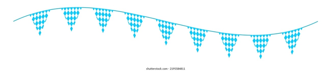 Oktoberfest bunting with triangle flags on waving string. Garland for German beer festival with blue and white rhombus pattern. Decoration for banner, flyer, card, poster. Vector flat illustration