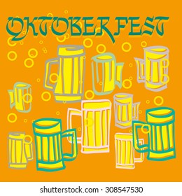 Oktoberfest
Calligraphic text on a background of flying beer mugs and bubbles.