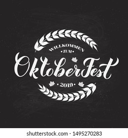 Oktoberfest calligraphy hand lettering on chalkboard background. Traditional Bavarian beer festival. Easy to edit vector template for your logo design,  poster, banner, flyer, sign, invitation. 