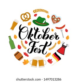 Oktoberfest calligraphy hand lettering with traditional symbols in flat style. Bavarian beer festival. Easy to edit vector template for your logo design, poster, banner, flyer, t-shirt, mug, etc. 