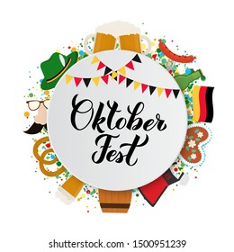 Oktoberfest calligraphy hand lettering with traditional symbols in flat style. Bavarian beer festival. Easy to edit vector template for your logo design, poster, banner, flyer, invitation, etc. 