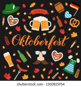 Oktoberfest calligraphy hand lettering with traditional symbols in flat style. Beer festival in Germany. Easy to edit vector template for your logo design, poster, banner, flyer, t-shirt, mug, etc. 