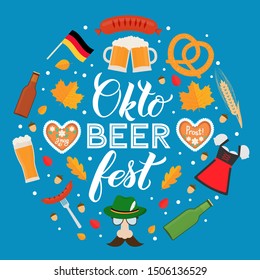 Oktoberfest calligraphy hand lettering with traditional symbols in flat style. Beer festival in Bavaria, Germany. Vector template for logo design, poster, banner, flyer, t-shirt, mug, etc. 