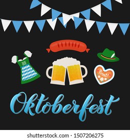 Oktoberfest calligraphy hand lettering with traditional symbols in flat style. Beer festival in Bavaria, Germany. Vector template for logo design, poster, banner, flyer, invitation, mug, etc. 