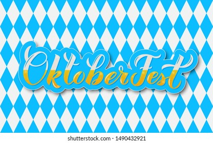 Oktoberfest calligraphy lettering with bubblies on blue white checkered background. Bavarian beer festival. Vector template  for your logo design,  poster, banner, flyer, t-shirt, invitation. 