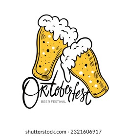 Oktoberfest calligraphy phrase and beer glasses sign vector sketch style illustration. Isolated on white background.