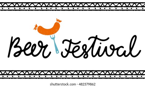 Oktoberfest card. Beer festival handwritten text. Fork with sausage. Isolated on white background