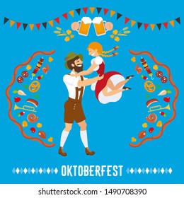 OKTOBERFEST CARD DESIGN WITH DANCING PAIR AND MEAL ELEMENTS