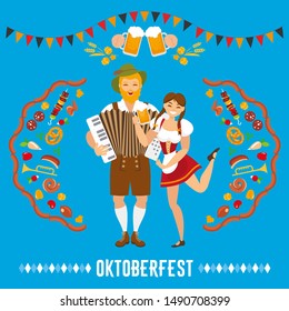 OKTOBERFEST CARD DESIGN WITH MAN PLAYING THE ACCORDION, GIRL DANCING WITH A BEER MAG AND MEAL ELEMENTS