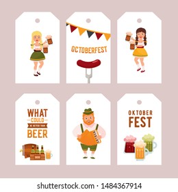 Oktoberfest card. Girl and boy in folk costumes. Beer mugs, barrel and typography. For party, invitation and other design.