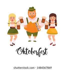 Oktoberfest card. Girls and boy in folk costumes. Beer mugs, barrel and typography. For party, invitation and other design.