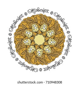 Oktoberfest card. Hand drawn vector ornamental mandala with hop floral ornament and handwritten text Oktoberfest on white background.