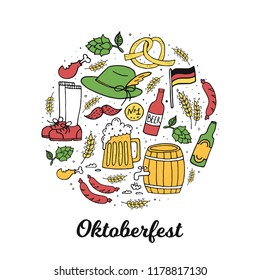 Oktoberfest card illustration, beer festival design elements. German food and beer symbols isolated on white background in circle.