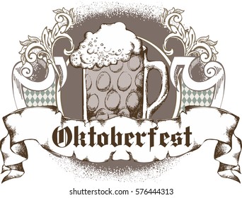 Oktoberfest card. Image of the mug with beer. Vector illustration. Engraved style