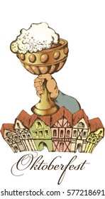 Oktoberfest card. Image of the mug with beer. Vector illustration. Engraved style
