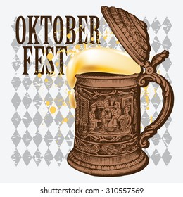 Oktoberfest card. Image of the vintage German mug with beer. Vector illustration.