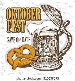 Oktoberfest card. Image of the vintage German mug with beer and pretzel. Vector illustration.