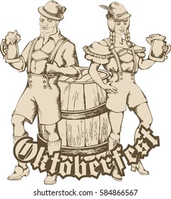 Oktoberfest card: man in bavarian hat with beer mug and pretty girl. Engraving style