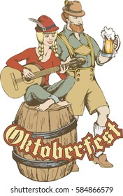 Oktoberfest card: man in bavarian hat with beer mug and pretty girl. Engraving style