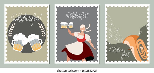 Oktoberfest card set. Trendy hand drawn vector card designs in old postal stamp style. Tuba and melody, waitress holding beer on a plate, beer mugs in a circle. Traditional Oktoberfest female costume.