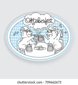Oktoberfest card. Vector Emblem with a bear, beer, fish and handwritten word Oktoberfest. Graphic logo on gray background. Two bears in friendly conversation over a beer.