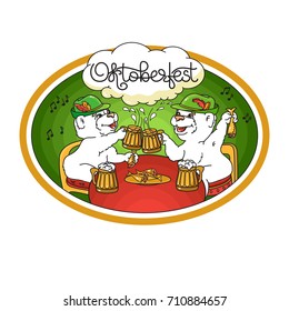 Oktoberfest card. Vector Emblem with a bear, beer, fish and handwritten word Oktoberfest. Graphic logo on white background. Two bears in friendly conversation over a beer.