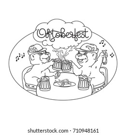 Oktoberfest card. Vector Emblem with a bear, beer and handwritten word Oktoberfest. Graphic black line logo on white. Two bears in friendly conversation over a beer.