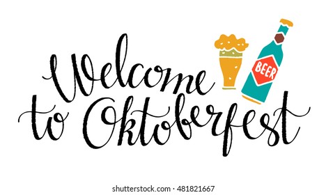 Oktoberfest card. Welcome to Oktoberfest handwritten text. Beer glass, bottle. Isolated on white background