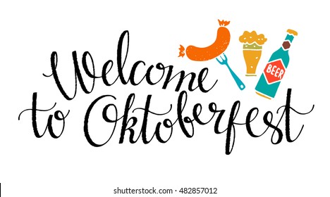 Oktoberfest card. Welcome to Oktoberfest handwritten text. Beer mug, bottle, fork with sausage. Isolated on white background