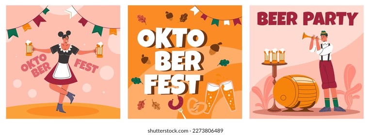 Oktoberfest cards. Bavarian big festival. German traditional autumnal holiday. Annual beer celebration. Drinks and snacks. Party invitation. People in national costumes