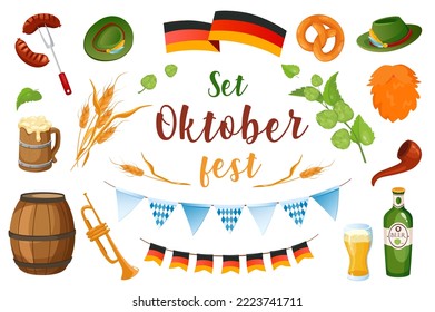Oktoberfest in cartoon style set isolated elements. Vector illustration