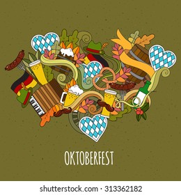 Oktoberfest Cartoon vector hand-drawn Doodle on the subject of beer fest autumn symbols, food and drinks seamless pattern. Color backgrounddoodle poster