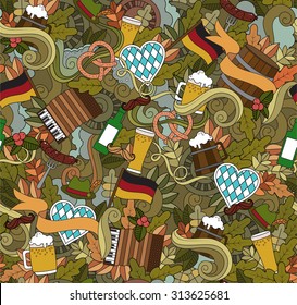 Oktoberfest Cartoon vector hand-drawn Doodle seamless on the subject of beer fest autumn symbols, food and drinks seamless pattern. Color background doodle poster