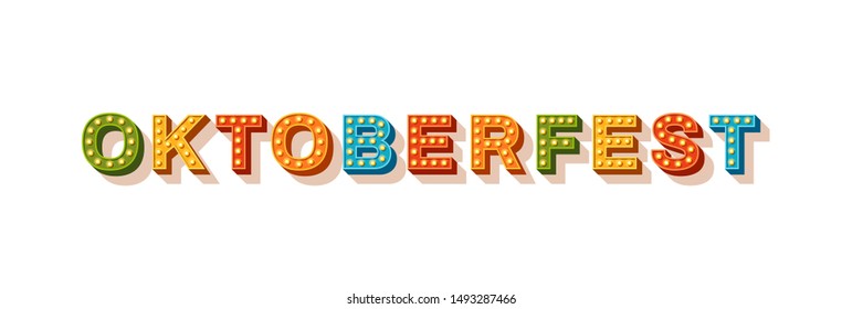 Oktoberfest casino style lettering. Volumetric text with glowing light bulbs. German cultural event. Autumn beer festival. Creative typography isolated on white background. Seasonal bavarian carnival